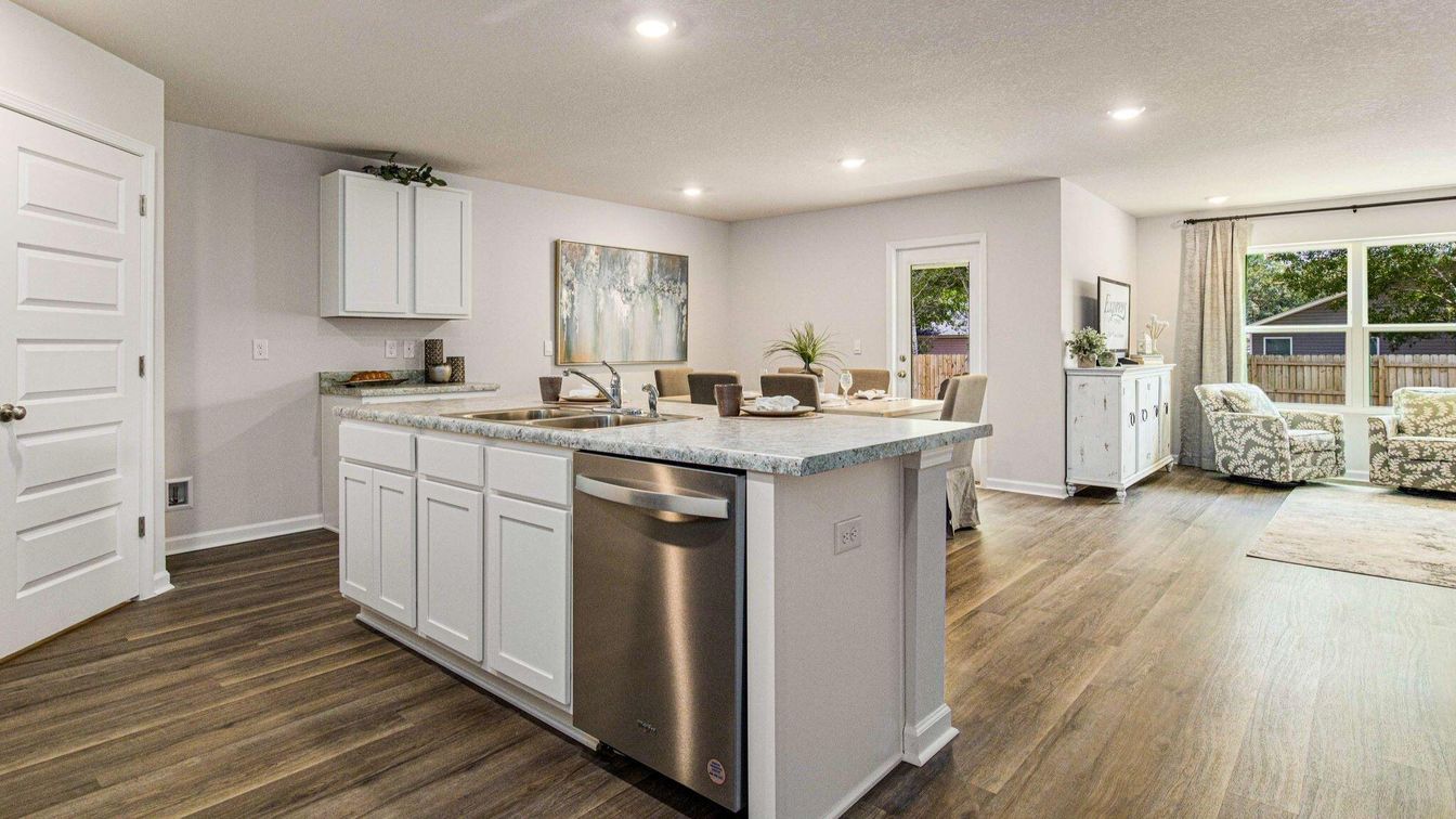 Dining room, Interior, Kitchen, Recessed Lighting, Wood Texture Flooring