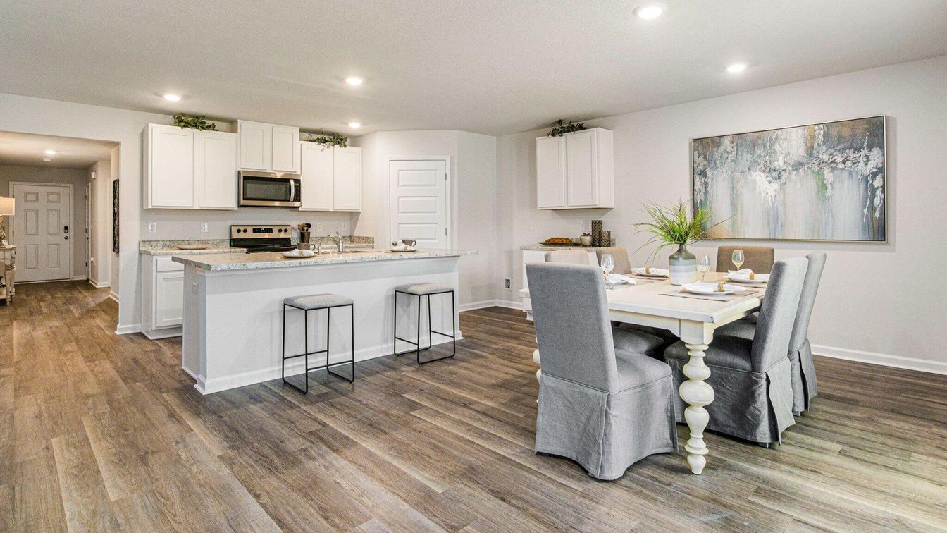 Dining room, Interior, Kitchen, Recessed Lighting, Stainless Steel Appliances, Wood Texture Flooring