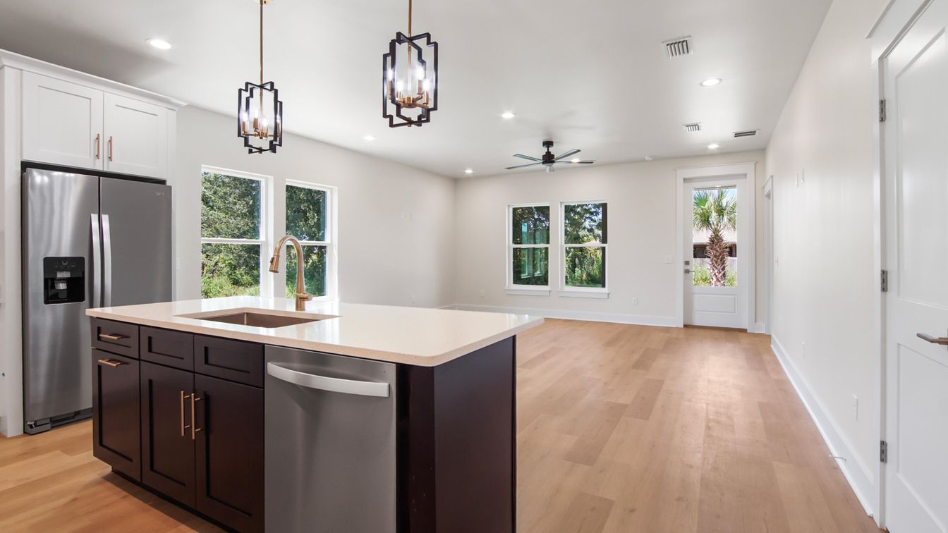 Interior, Kitchen, Pendant Lights, Recessed Lighting, Stainless Steel Appliances, Wood Texture Flooring