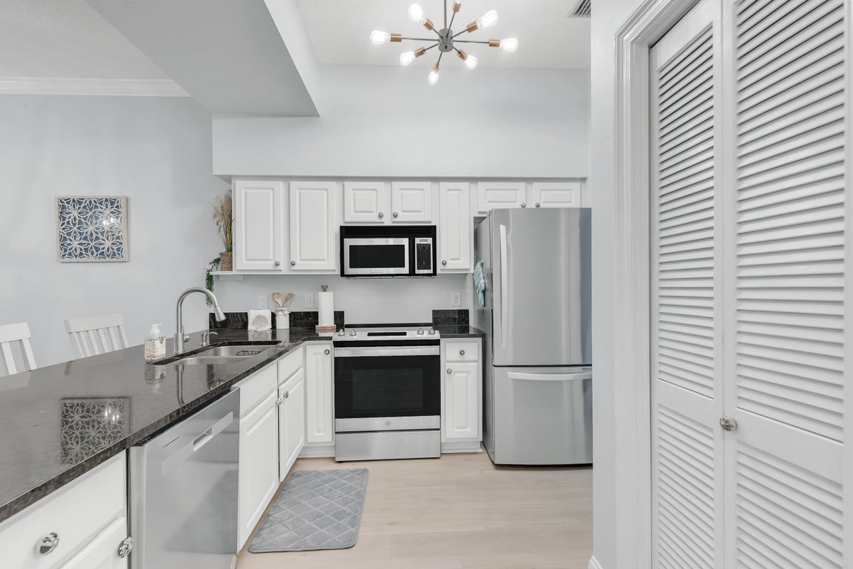 Interior, Kitchen, Pendant Lights, Stainless Steel Appliances, Wood Texture Flooring