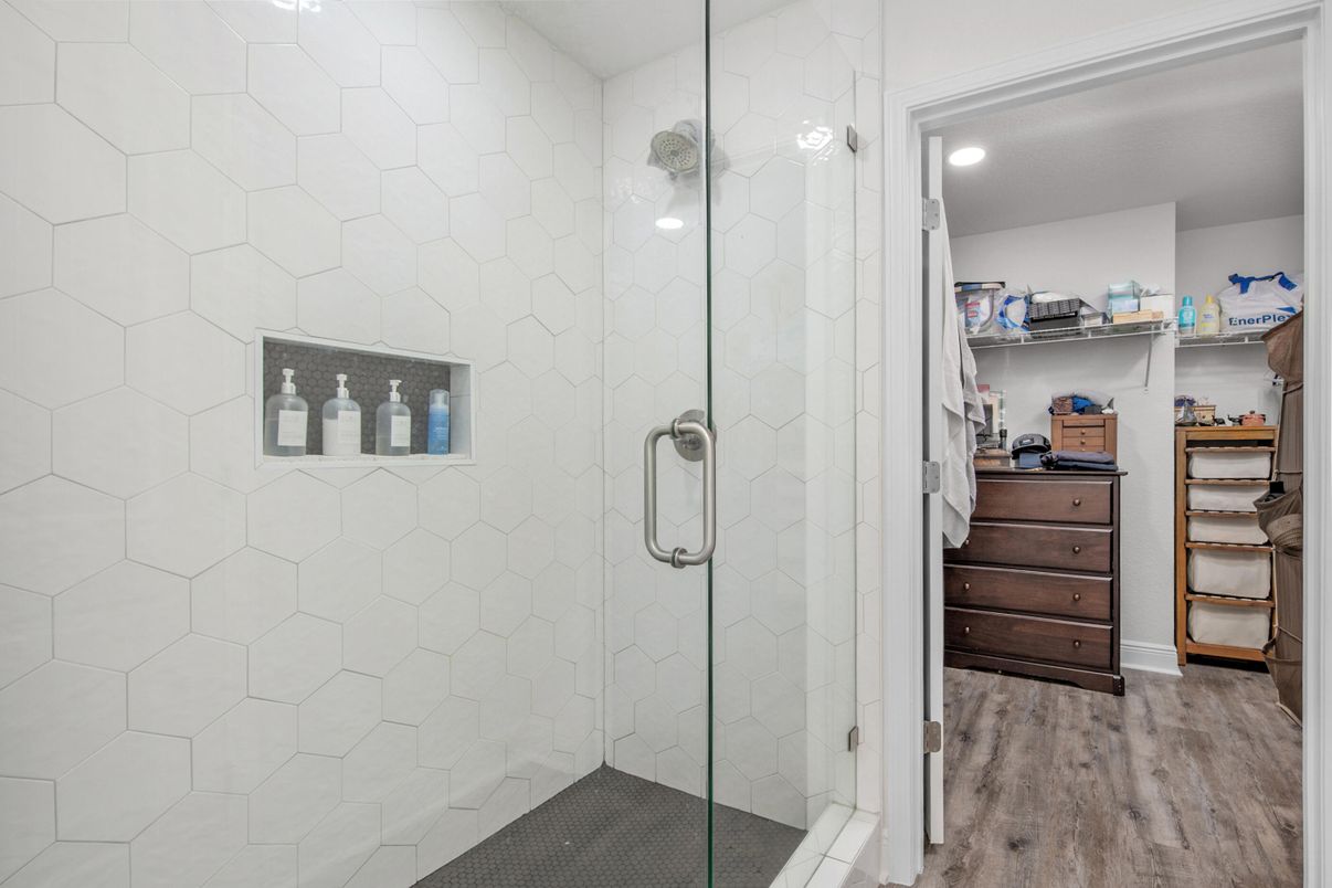 Bathroom, Glass Shower, Interior, Recessed Lighting, Wood Texture Flooring
