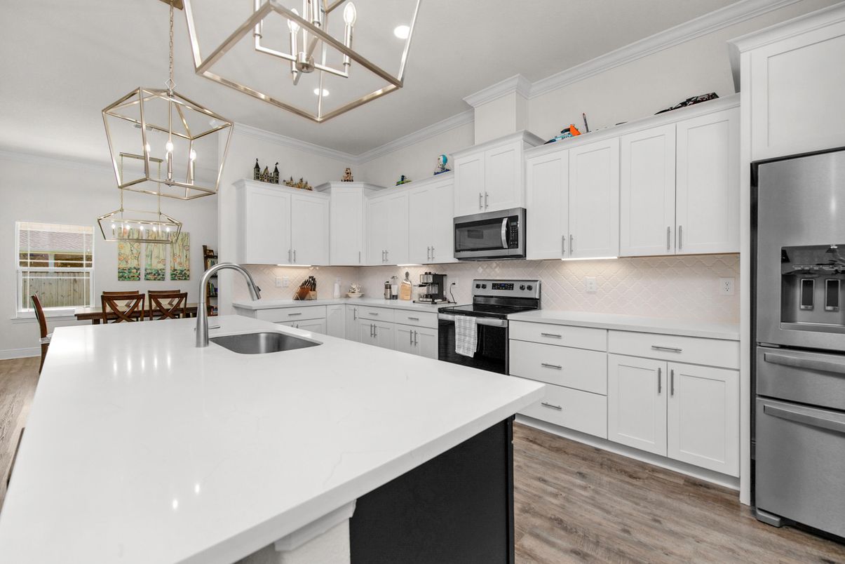 Interior, Kitchen, Pendant Lights, Stainless Steel Appliances, Wood Texture Flooring