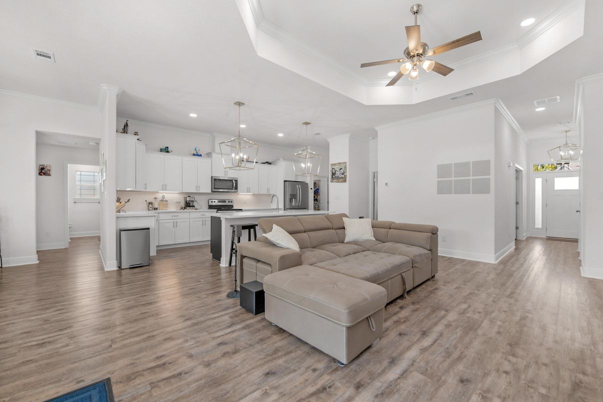 Interior, Kitchen, Living room, Pendant Lights, Recessed Lighting, Stainless Steel Appliances, Wood Texture Flooring