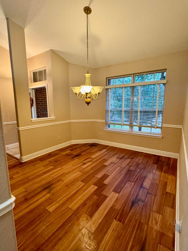 Empty room, Interior, Pendant Lights, Wood Texture Flooring