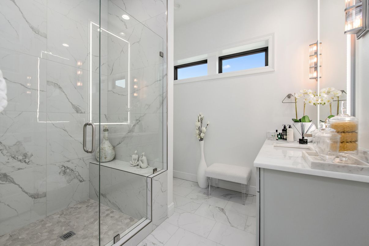 Bathroom, Glass Shower, Interior, Marble, Marble Walls, Recessed Lighting