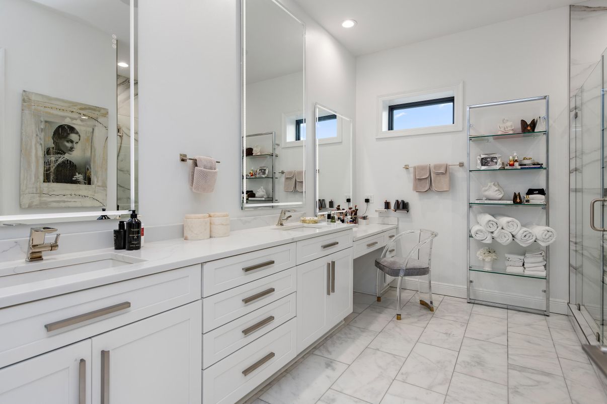 Bathroom, Dual Sink Vanities, Glass Shower, Interior, Marble, Recessed Lighting