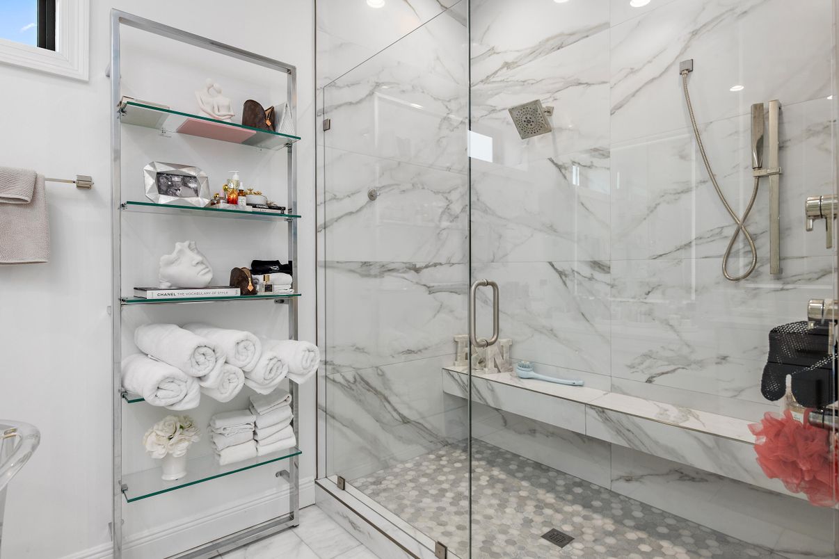 Bathroom, Glass Shower, Interior, Marble Walls, Recessed Lighting