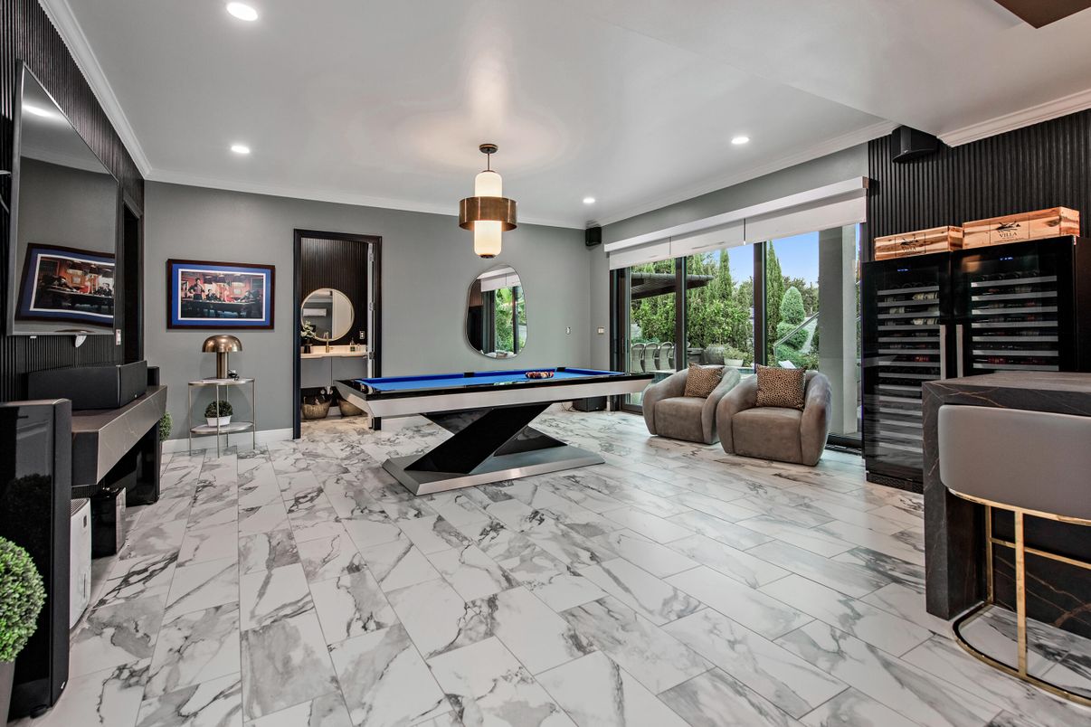 Billiard Table, Game Room, Interior, Marble, Pendant Lights, Recessed Lighting