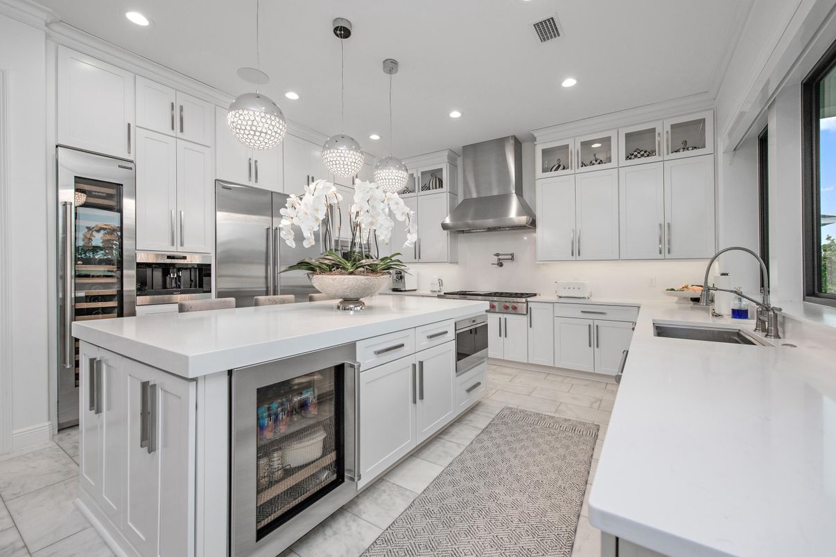 Interior, Kitchen, Marble, Pendant Lights, Recessed Lighting, Stainless Steel Appliances