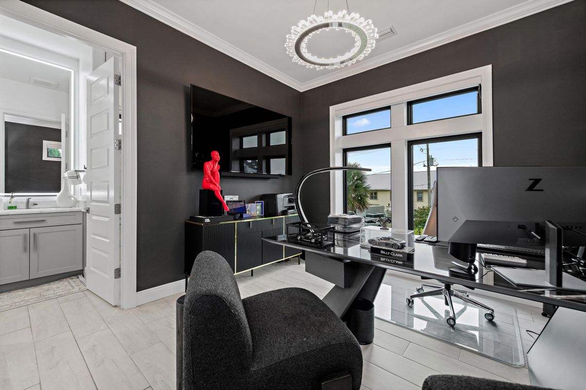 Home Office, Interior, Pendant Lights, Wood Texture Flooring