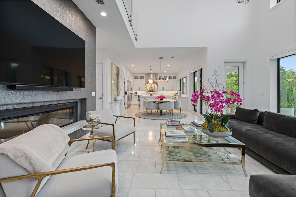 Dining room, Fireplace, Interior, Living room, Marble, Pendant Lights, Recessed Lighting