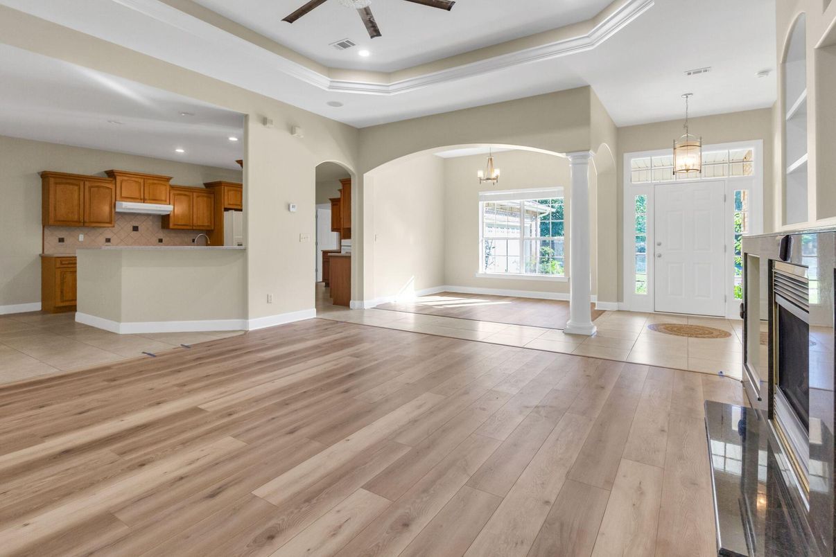Chandelier, Fireplace, Interior, Kitchen, Pendant Lights, Recessed Lighting, Wood Texture Flooring