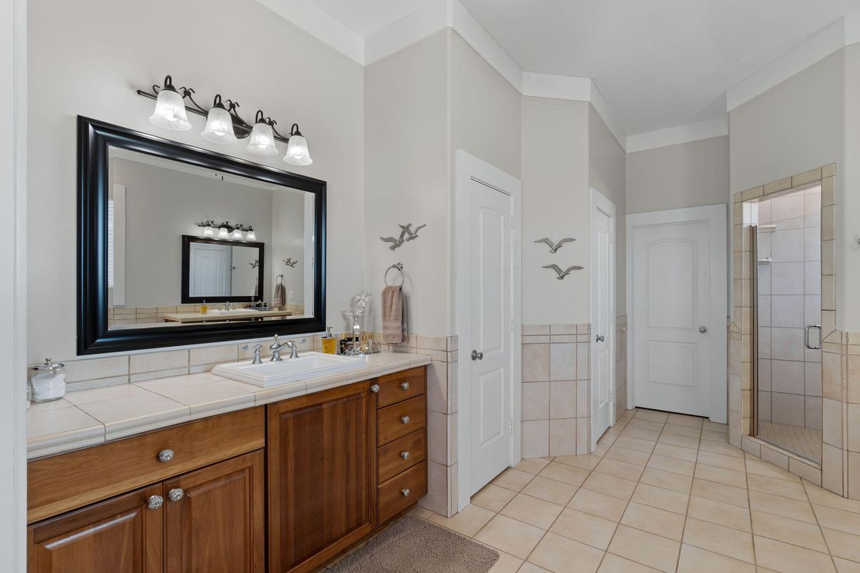 Bathroom, Dual Sink Vanities, Glass Shower, Interior, Tile Countertops