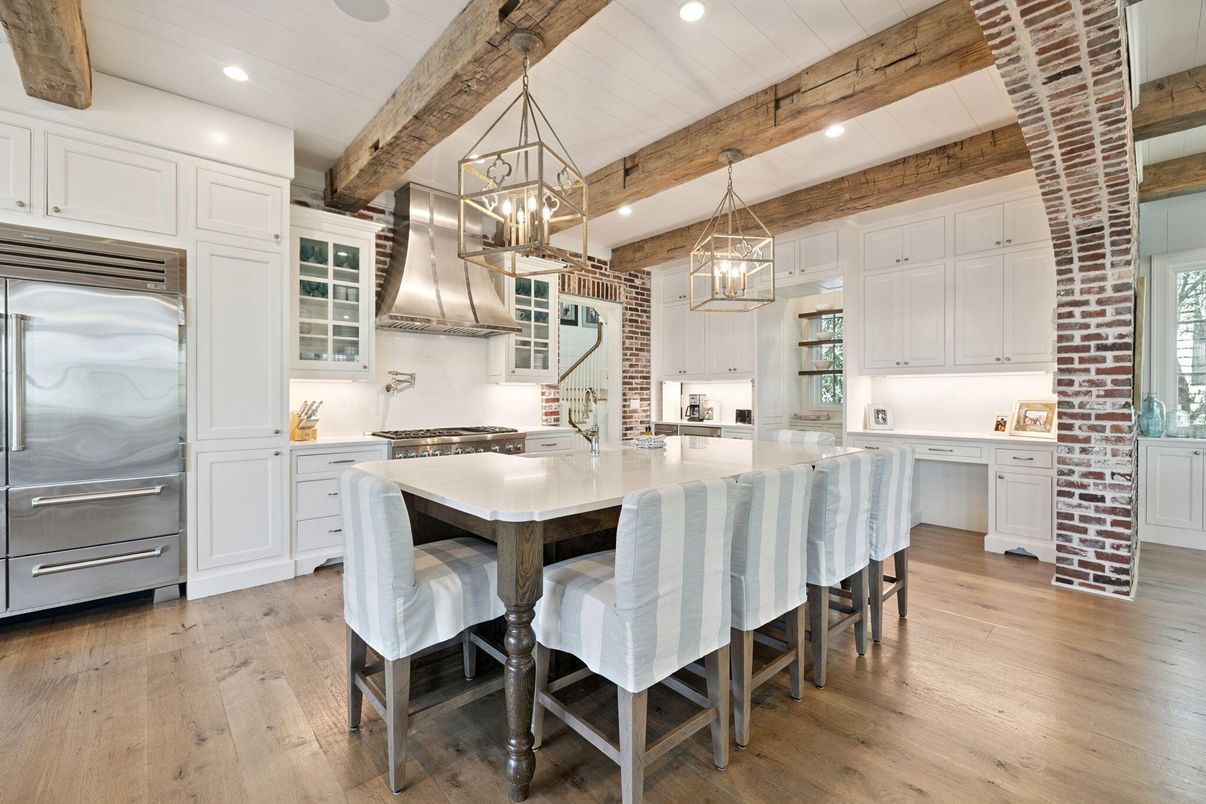 Interior, Kitchen, Pendant Lights, Recessed Lighting, Stainless Steel Appliances, Stone Walls, Wooden Beams, Wood Texture Flooring