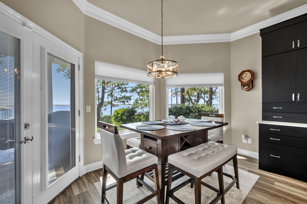 Dining room, Interior, Pendant Lights, Wood Texture Flooring