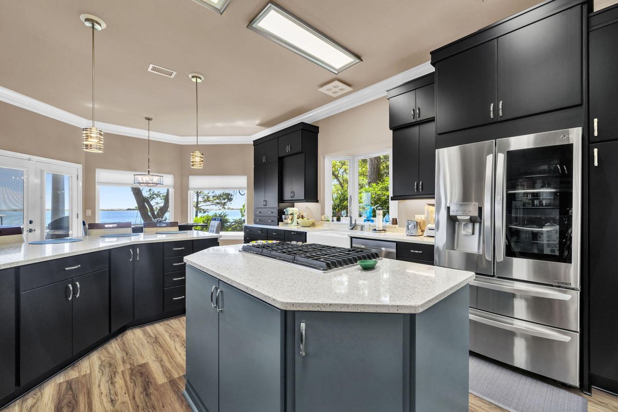 Interior, Kitchen, Pendant Lights, Stainless Steel Appliances, Water, Wood Texture Flooring