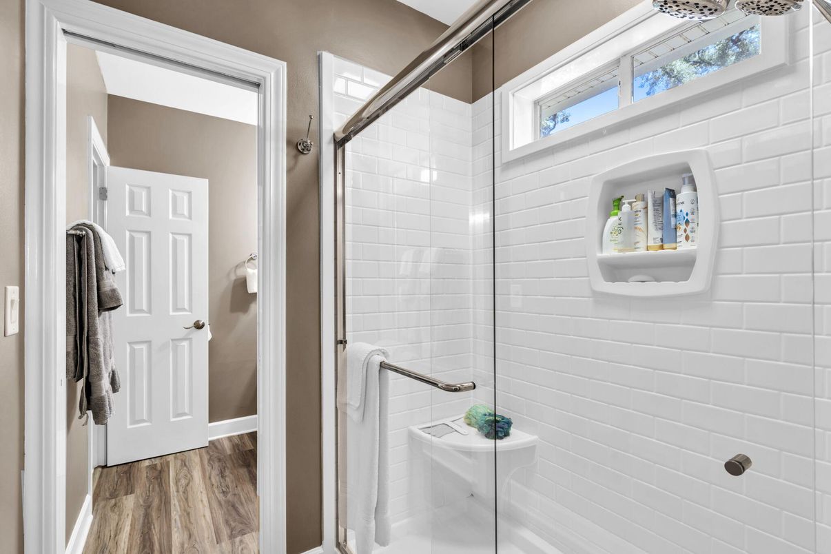 Bathroom, Glass Shower, Interior, Wood Texture Flooring