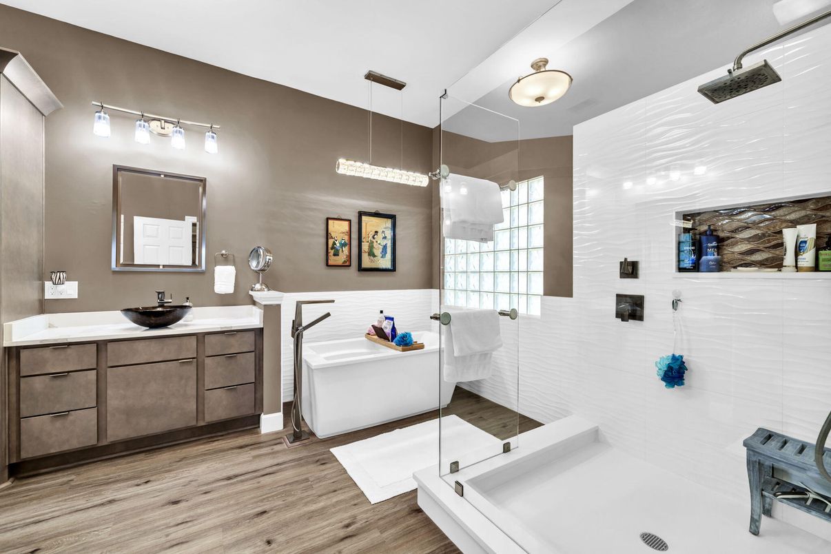 Bathroom, Dual Sink Vanities, Glass Shower, Interior, Pendant Lights, Wood Texture Flooring