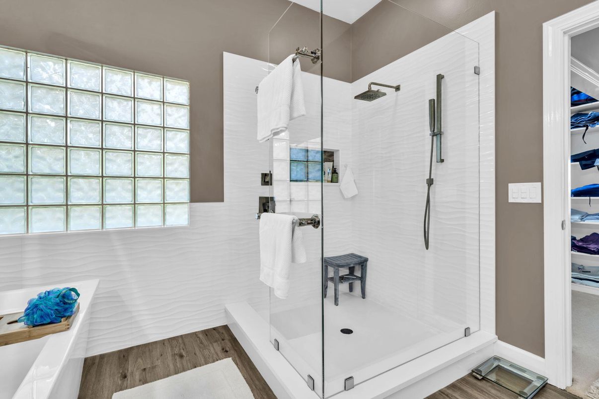 Bathroom, Glass Shower, Interior, Wood Texture Flooring