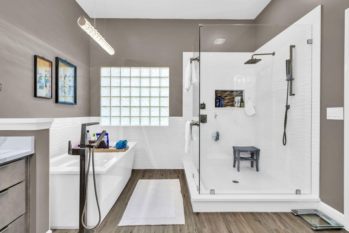 Bathroom, Glass Shower, Interior, Pendant Lights, Wood Texture Flooring