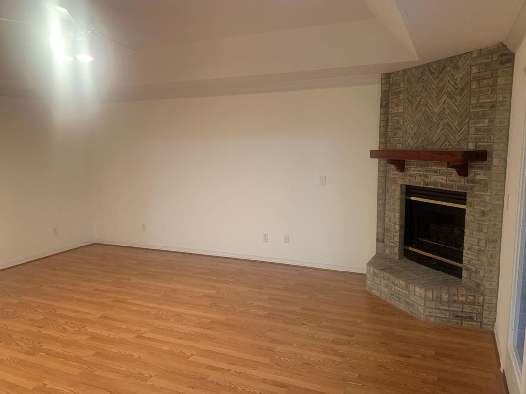 Empty room, Fireplace, Interior, Stone Walls, Wood Texture Flooring