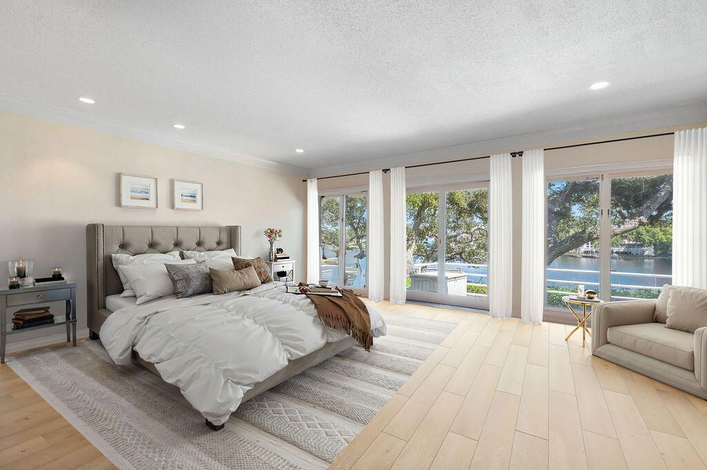 Bedroom, Interior, Recessed Lighting, Water, Wood Texture Flooring