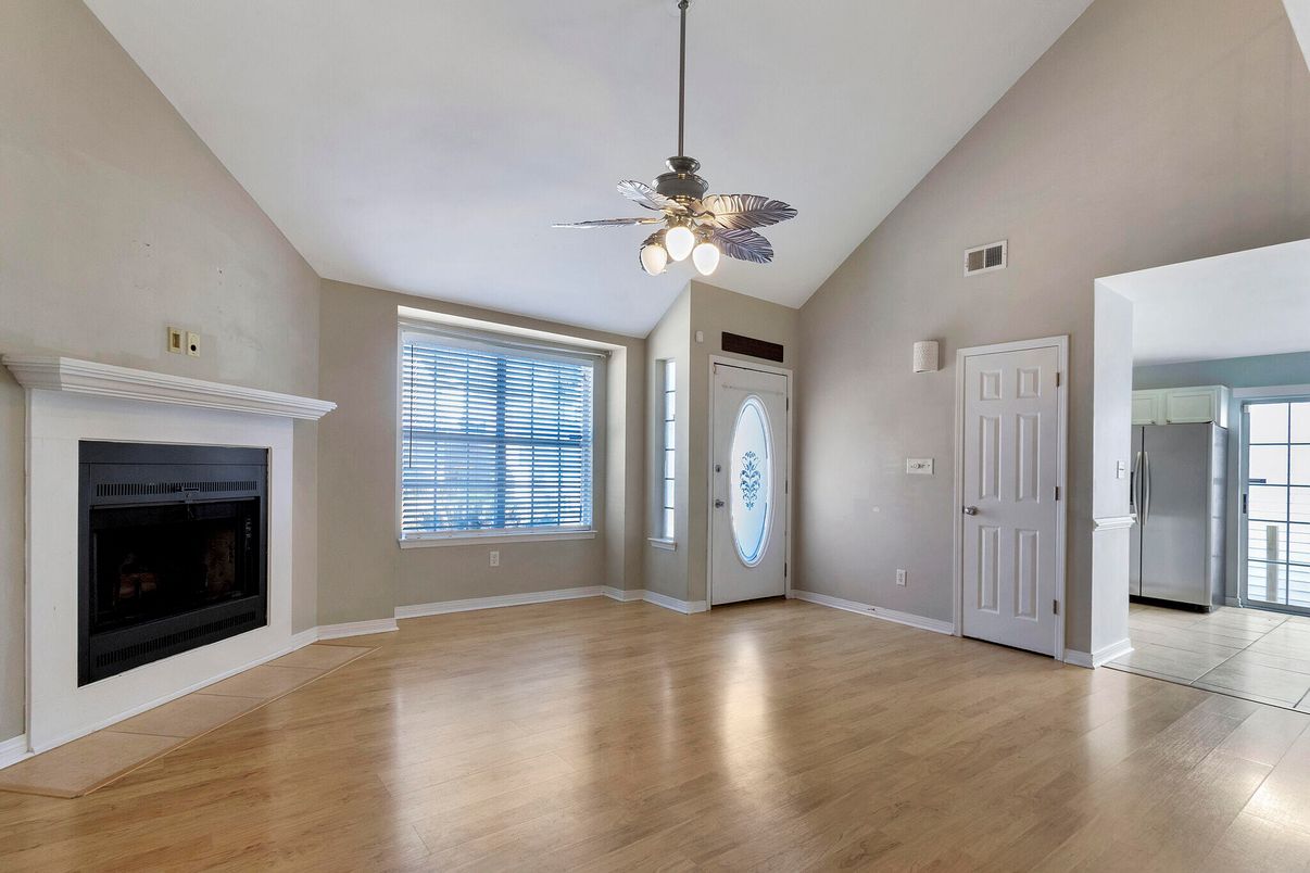 Empty room, Fireplace, Interior, Kitchen, Wood Texture Flooring