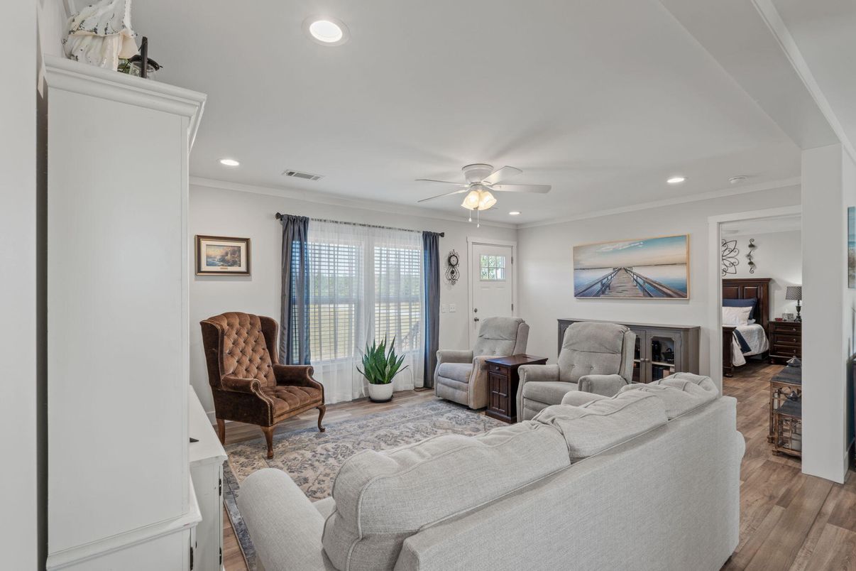Fireplace, Interior, Living room, Recessed Lighting, Wood Texture Flooring