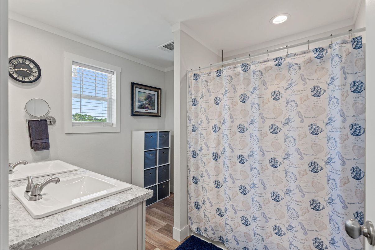 Bathroom, Interior, Recessed Lighting, Wood Texture Flooring