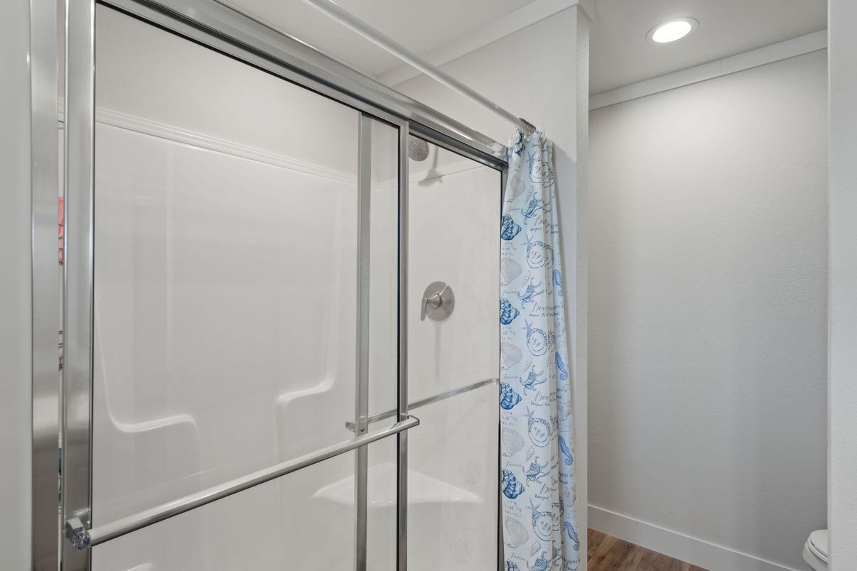Bathroom, Glass Shower, Interior, Recessed Lighting, Wood Texture Flooring