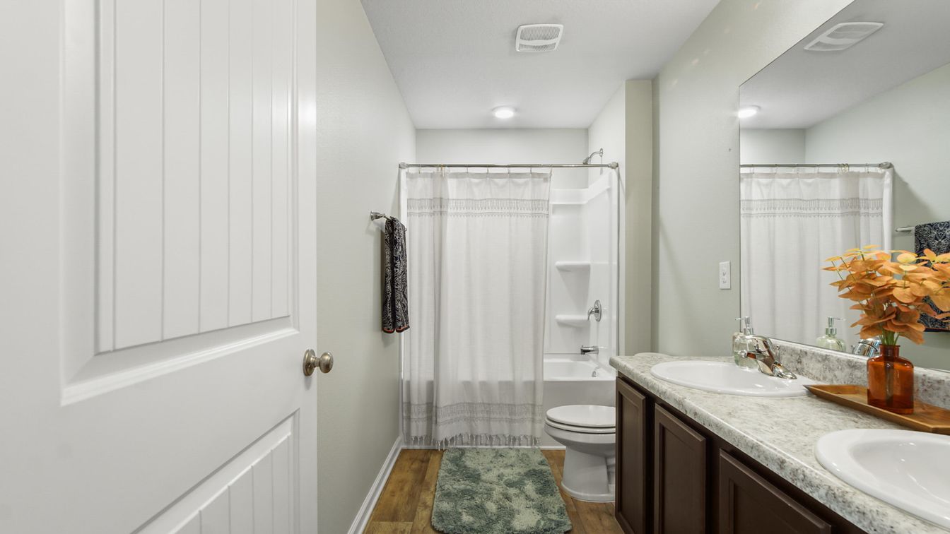 Bathroom, Dual Sink Vanities, Interior, Recessed Lighting, Wood Texture Flooring