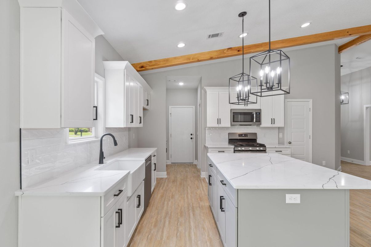 Interior, Kitchen, Pendant Lights, Recessed Lighting, Stainless Steel Appliances, Wooden Beams, Wood Texture Flooring