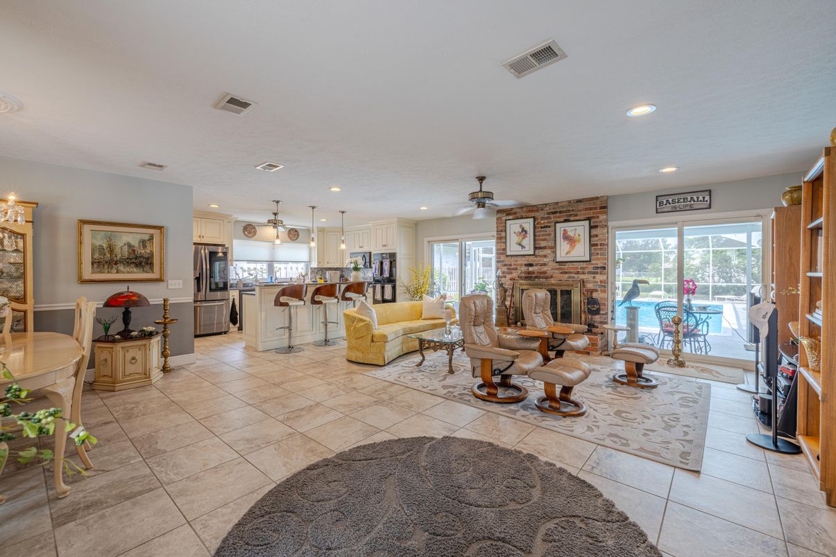 Fireplace, Interior, Kitchen, Living room, Pendant Lights, Recessed Lighting, Stone Walls