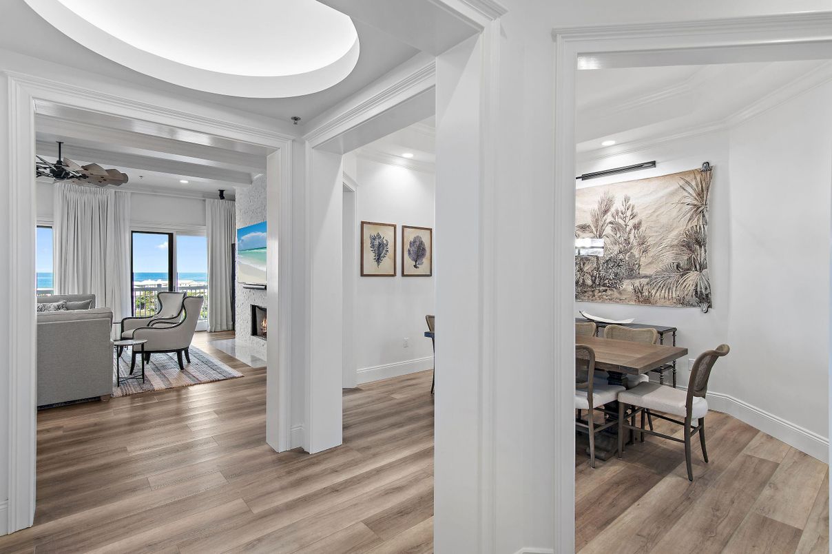 Dining room, Fireplace, Interior, Living room, Recessed Lighting, Wood Texture Flooring