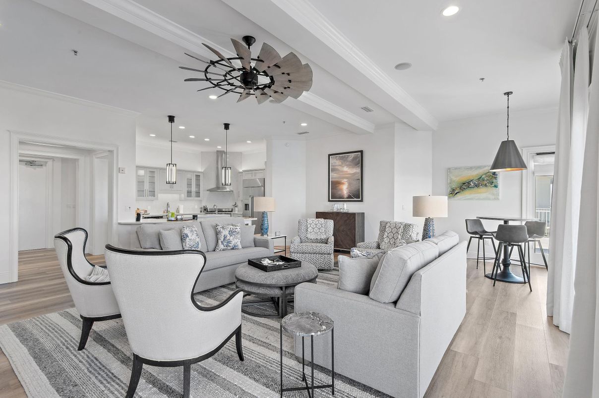 Dining room, Interior, Kitchen, Living room, Pendant Lights, Recessed Lighting, Stainless Steel Appliances, Wood Texture Flooring