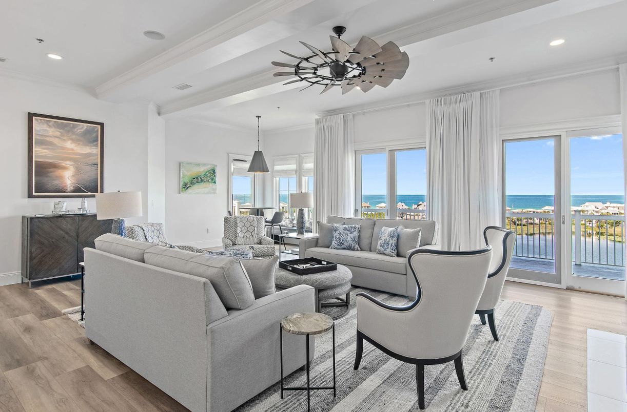 Interior, Living room, Pendant Lights, Recessed Lighting, Water, Wood Texture Flooring
