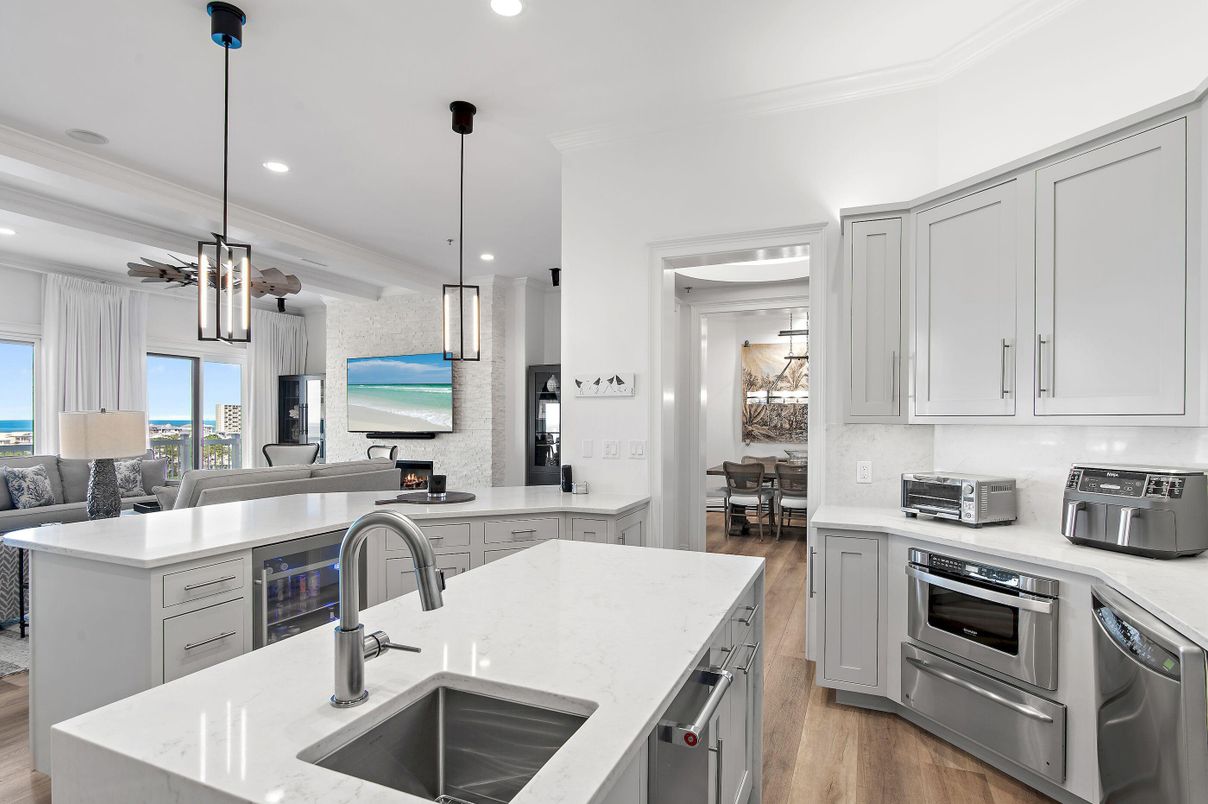 Interior, Kitchen, Pendant Lights, Recessed Lighting, Stainless Steel Appliances, Water, Wood Texture Flooring