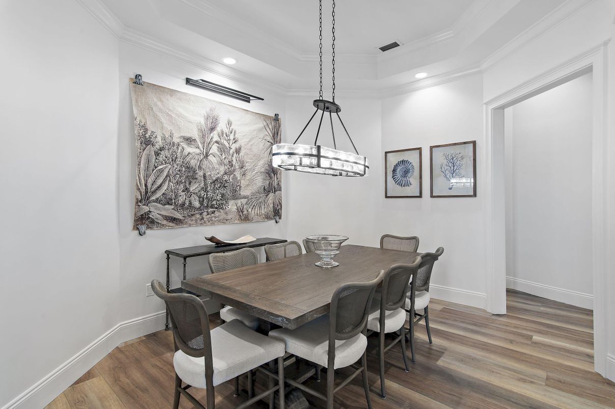 Dining room, Interior, Pendant Lights, Recessed Lighting, Wood Texture Flooring