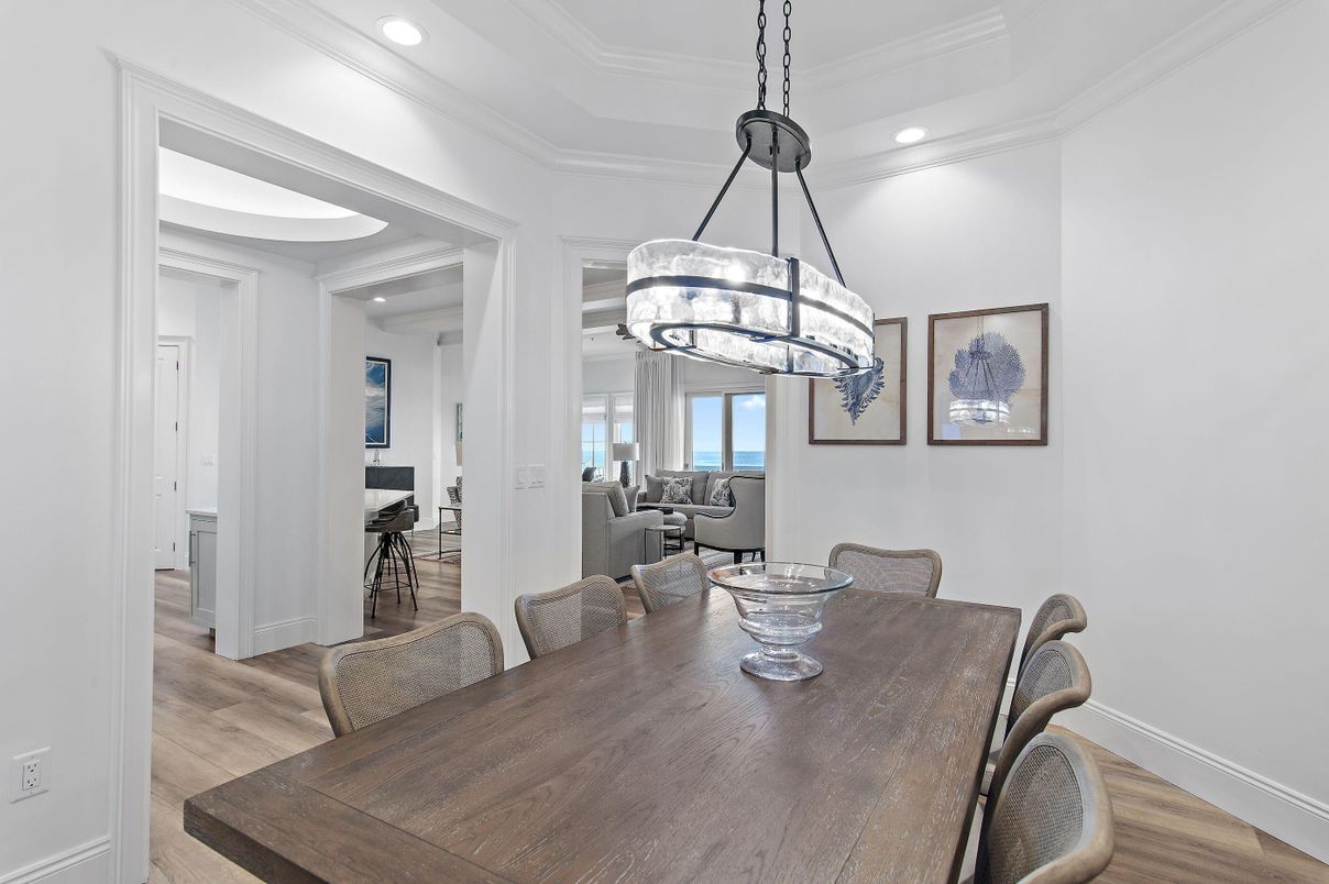 Chandelier, Dining room, Interior, Pendant Lights, Recessed Lighting, Wood Texture Flooring