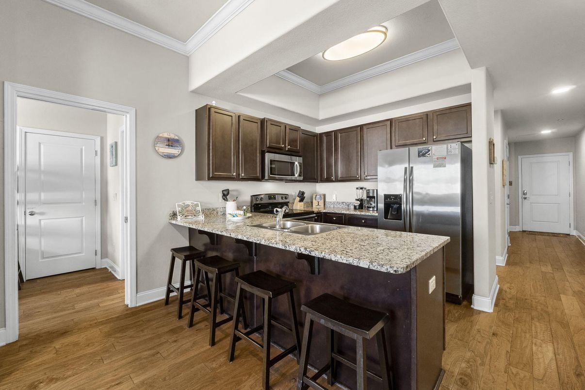 Interior, Kitchen, Recessed Lighting, Stainless Steel Appliances, Wood Texture Flooring