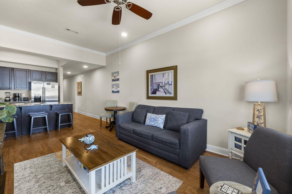 Interior, Kitchen, Living room, Recessed Lighting, Stainless Steel Appliances, Wood Texture Flooring