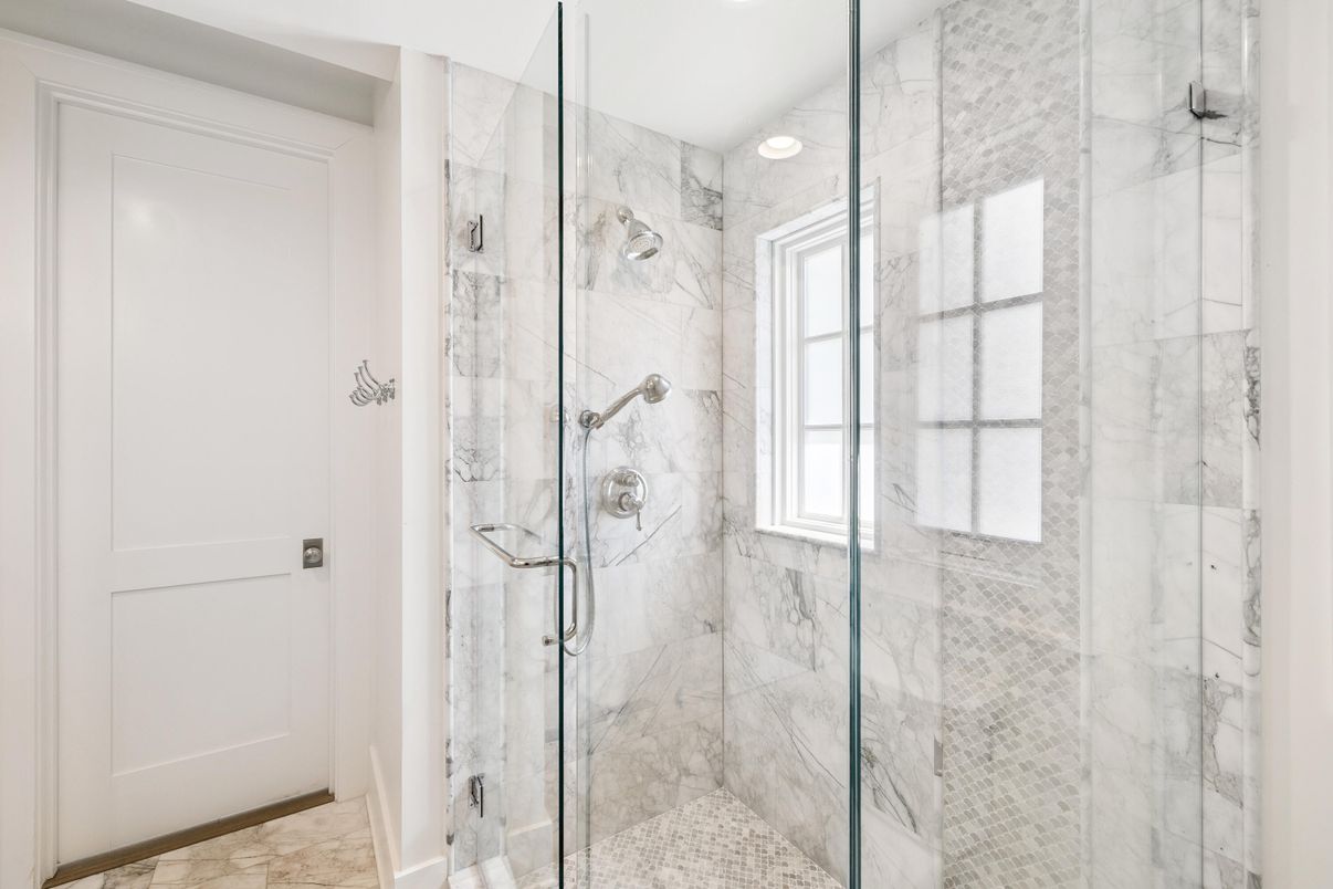Bathroom, Glass Shower, Interior, Marble, Marble Walls, Recessed Lighting