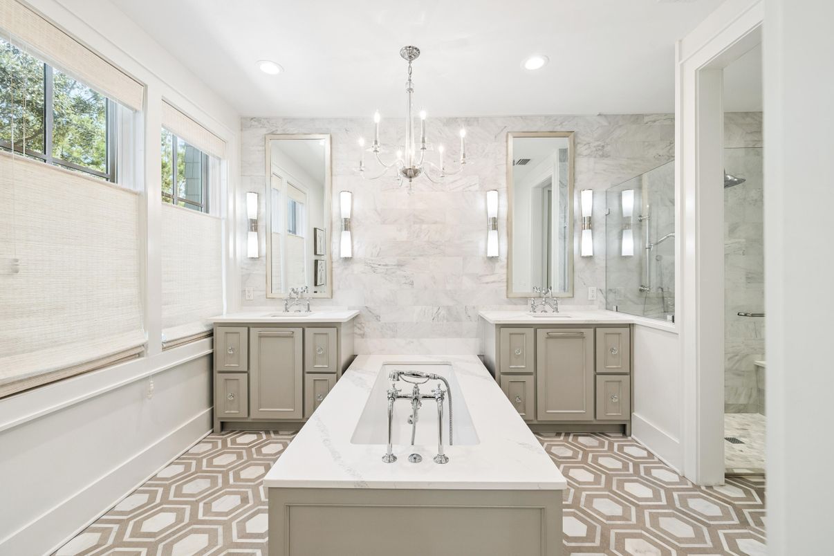 Bathroom, Chandelier, Dual Sink Vanities, Interior, Marble Walls, Recessed Lighting