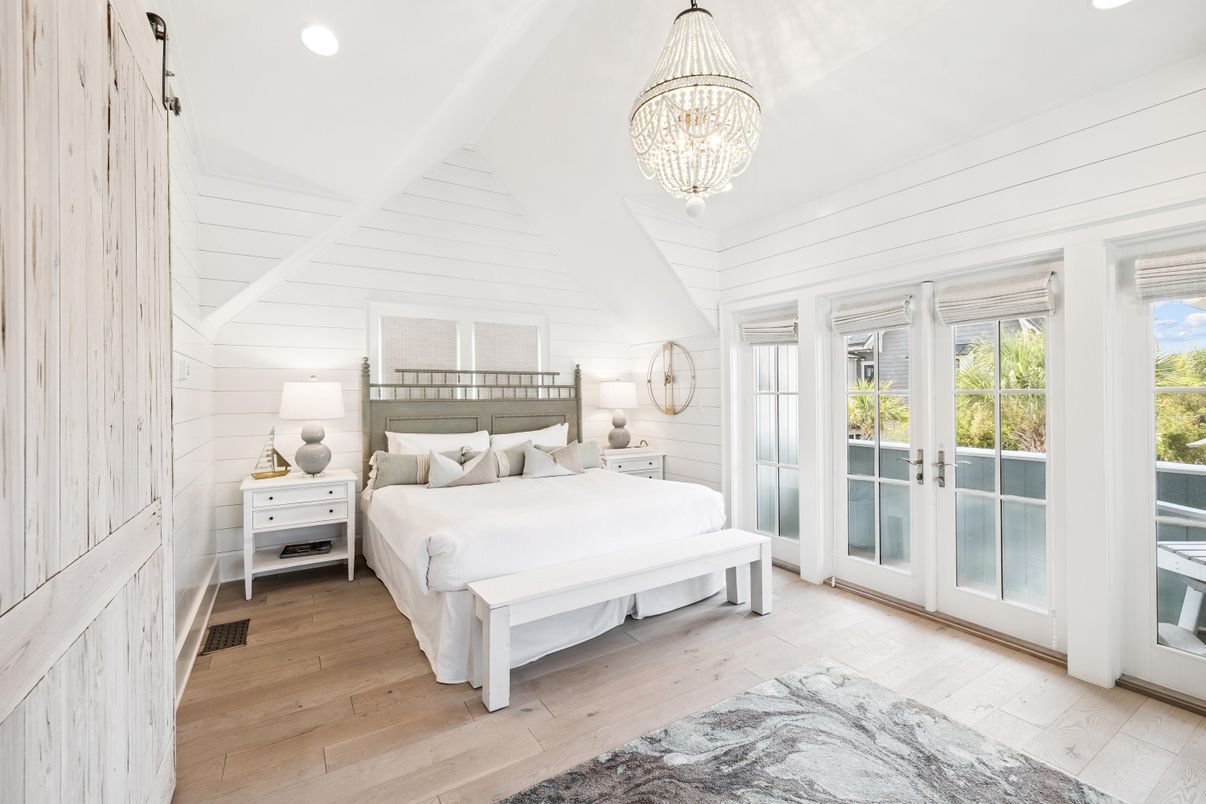 Bedroom, Chandelier, Interior, Recessed Lighting, Wood Texture Flooring