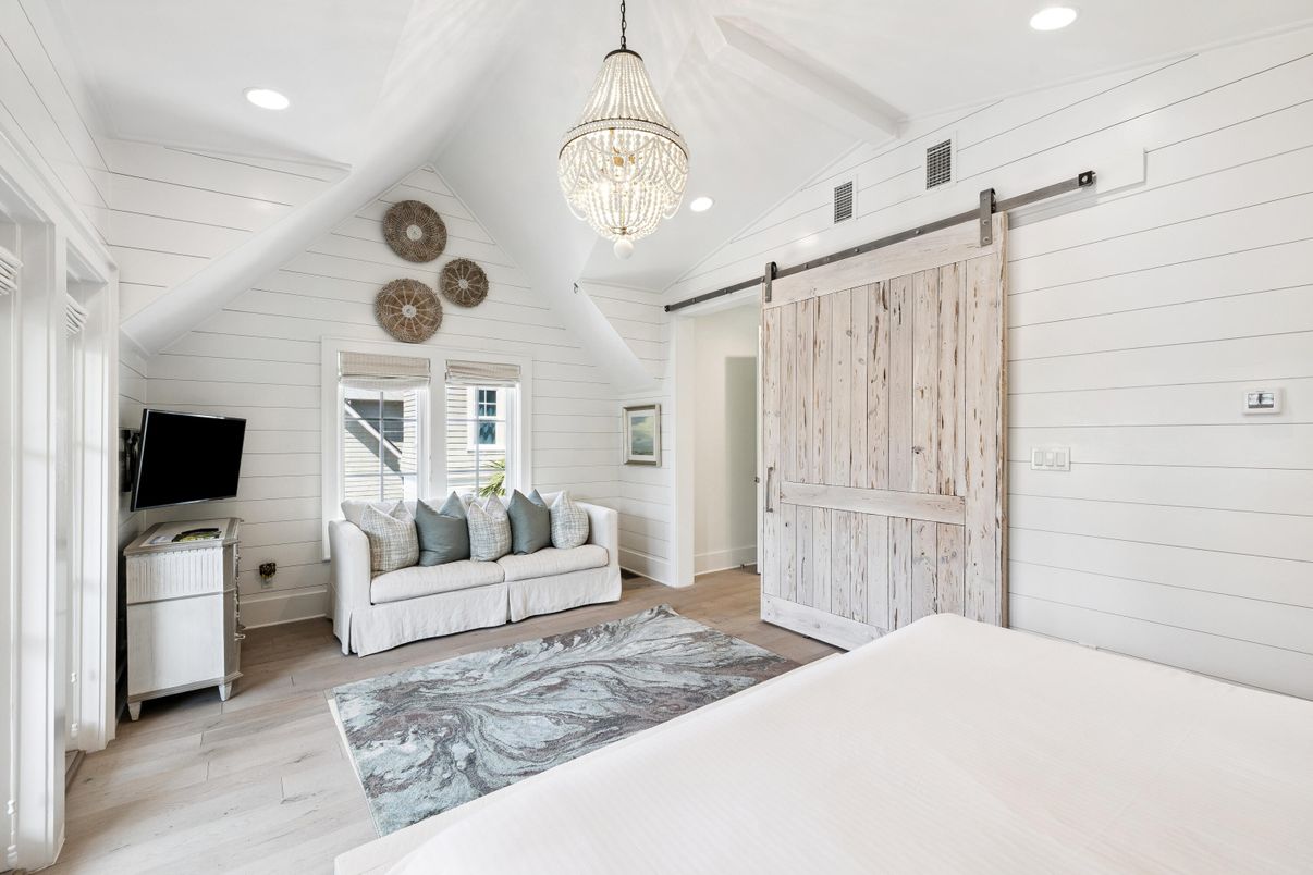 Bedroom, Chandelier, Interior, Recessed Lighting, Wood Texture Flooring