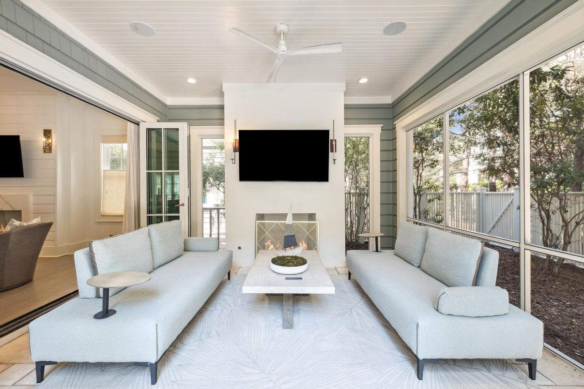 Fireplace, Interior, Living room, Recessed Lighting, Sun Room, Wood Texture Flooring