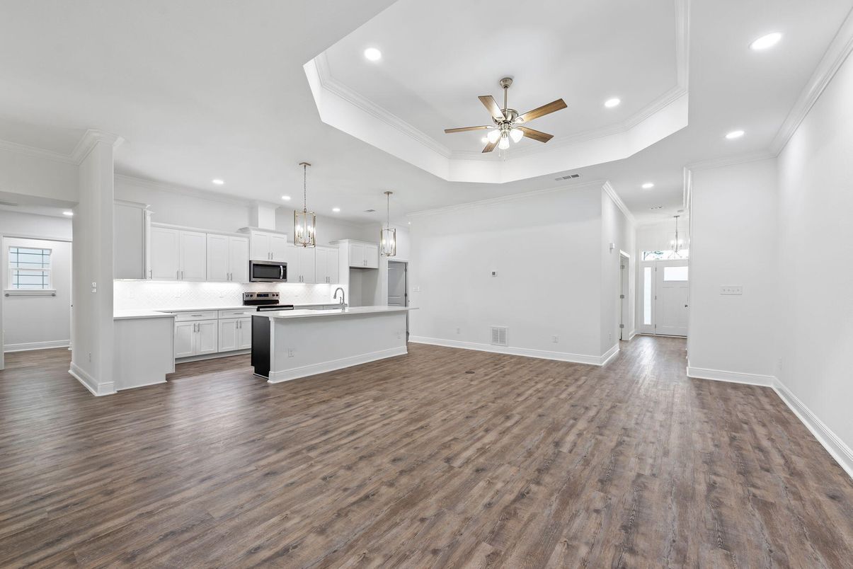 Chandelier, Interior, Kitchen, Pendant Lights, Recessed Lighting, Stainless Steel Appliances, Wood Texture Flooring