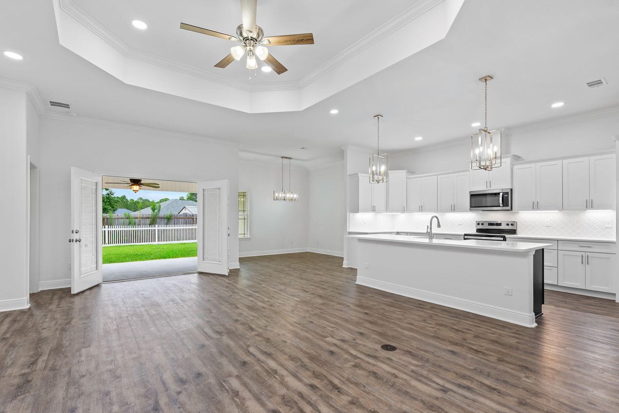 Chandelier, Interior, Kitchen, Pendant Lights, Recessed Lighting, Stainless Steel Appliances, Wood Texture Flooring