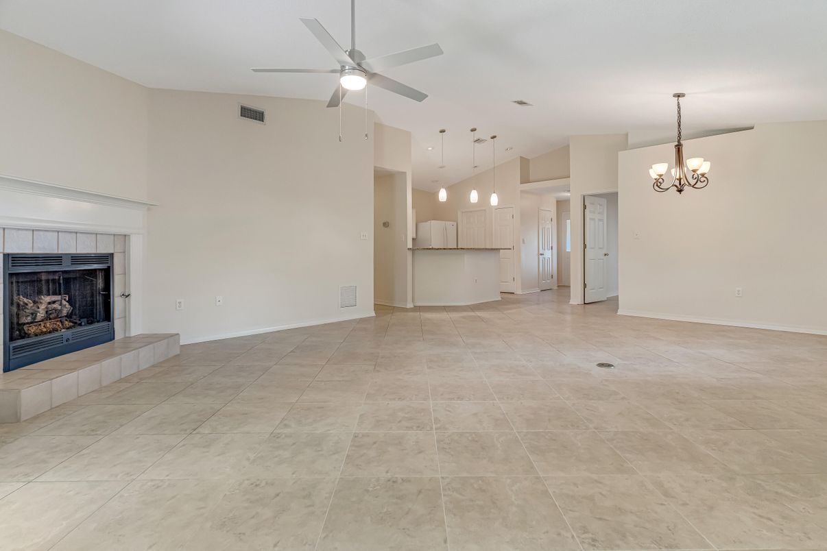 Chandelier, Empty room, Fireplace, Interior, Kitchen, Pendant Lights