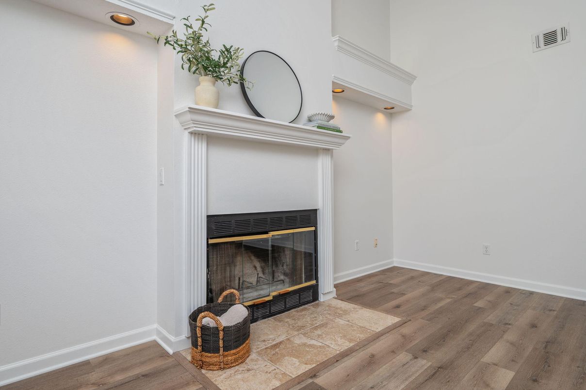 Fireplace, Interior, Recessed Lighting, Wood Texture Flooring